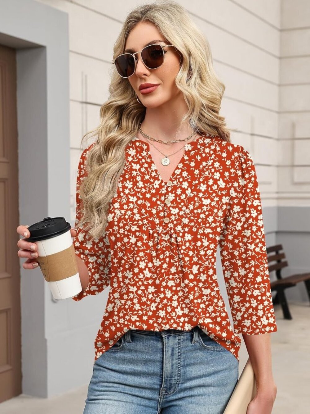 Women's 3/4 Length Sleeve Tops Dressy Casual Henley V-Neck Tops Red Fragments - Picture 4 of 5
